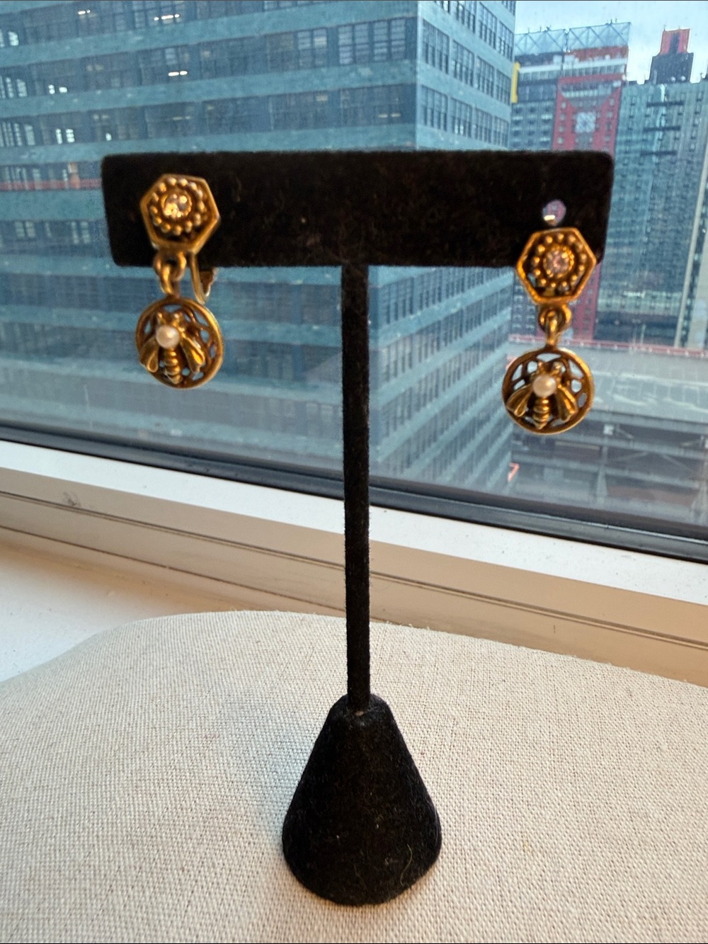 Goldette Victorian Revival Clip On Bee Motif Drop Earrings. Rare/Signed.